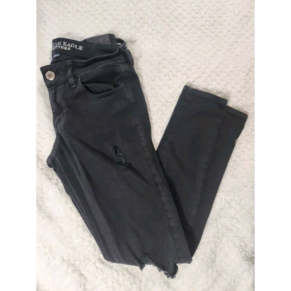 Sz 4 Black American Eagle Womens Jeans Size Four Regular Jegging Distressed